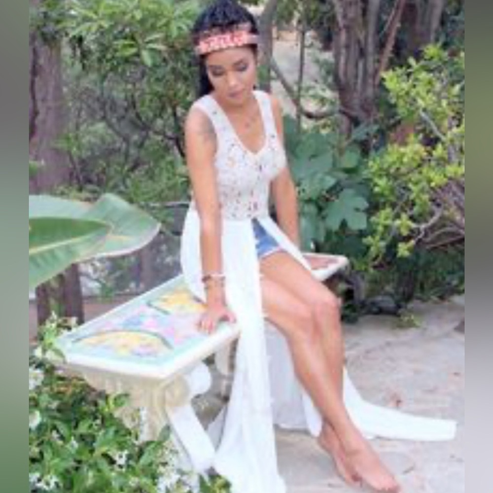 Jhene Aiko X Neff Crochet Tiered Lace Maxi Dress Size S Boho Fairy Flowy Hippie